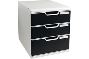 Exacompta - Ref 325014D - Modulo A4 Office - 350 x 288 x 320mm in Size, 3 Closed Drawers (110 + 82mm Height), Smooth Opening with Stop, Label Holders - Light Grey/Black