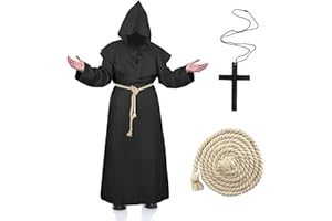 Hukermoon Kostium Monako Sukienka Talare Kapłan Czarny Monachium Tybetański kostium średniowieczny brata z kapturem i naszyjnikiem krzyżowym, kostium kapłana dla mężczyzn na Halloween Carnival Cosplay