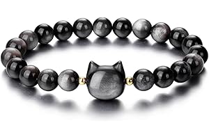 GAUEIOUR Cat Black Obsidian Bracele,Stretch Cat Stone Bead Bracelets,Protect and Treat Crystals,Good Luck Jewelry for Men and Women