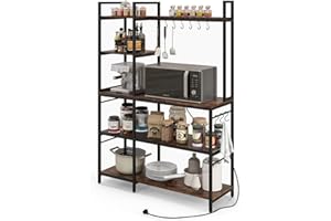 RELAX4LIFE Scaffale da Cucina con 5 Ripiani e 10 Ganci, Mensola Salvaspazio per Forno a Microonde, Scaffale Multiuso per Panettieri, con 6 Piedini Regolabili, Stile Industriale, 107 x 37 x 160 cm