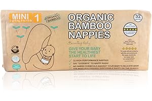 Beaming Baby Organic Bamboo Eco Nappies Newborn Size 1 (2-6 kg/4-13 lb) 32 in Pack. Biodegradable, Hypoallergenic for Sensitive Skin, Recyclable Paper Packaging