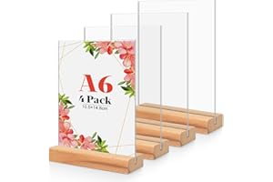 4 Stück Tischaufsteller A6, Holz T Form Acryl Ständer Preisschilder Aufsteller Tischständer für Prospekte Menükarte Werbung Fotorahmen, Kunststoff Foto Bilderrahmen mit Holzfuß für Haus, Büro, Laden