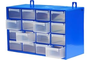 KROWN - Clasificador Modular de Pared Apilable, 27 x 17 x 12,5 cm, 16 Cajones, Almacenamiento de Pequeñas Herramientas, Tornillos, Marco de Polipropileno, Cajones Transparentes (Azul)