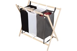 Jago® Panier à Linge - Pliable, 3 Compartiments Lavables et Amovibles, 128 l, Bois et Polyester - Corbeille, Sac, Bac à Linge Sale, Panier à Lessive pour Salle de Bain