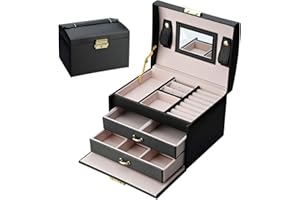 Podazz Scatola di Gioielli Cofanetto Portagioie Beauty Case di immagazzinaggio a Tre Strati Organizer Gioielli con Specchio e Serratura per Anelli Collane Orecchini, Nero（18.5 * 15 * 14cm）