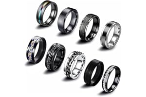 SOXEMAN 9 pieces/set of men's rings set (3 of which can be rotated to relieve anxiety and stress) cool and fashionable black atmospheric stainless steel rings, suitable for men, women and couples