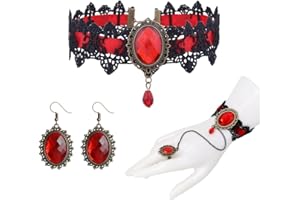 Caiguoer Ensemble comprenant collier, boucles d'oreilles et bracelet gothique - Collier ras du cou noir et rouge - Accessoires de vampire d'Halloween pour femme