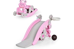 ‎DREAMADE DREAMADE 4 IN 1 Kinder Rutsche mit Basketballkorb und Ringwurfspiel und Schaukelpferd, Kinderrutsche mit abnehmbarem Hocker, Kinder Spielplatz Indoor für Jungen & Mädchen (Rosa-Pinguin)