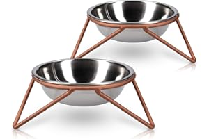 Navaris Set de 2 comederos para Perro y Gato - Comederos elevados de Acero Inoxidable - Cuenco Bebedero y comedero con Soporte de Cobre