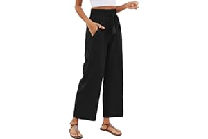 Famulily Women's Casual Cotton Linen Pants Wide Leg Lounge Trousers with Pockets Elastic High Waist with Drawstring Pants