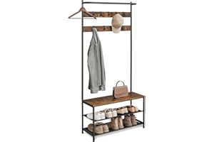 Jigerjs Coat Rack, Coat Rack with Shoe Bench, Entryway Storage Organizer with 9 Movable Hooks, 3-in-1 Design, Steel Frame, for Bedroom, Hallway, Entrance, Industrial, Rustic Brown