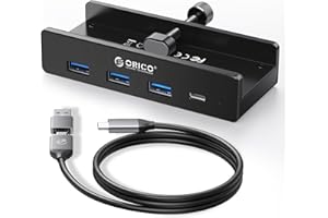 ORICO USB Hub, Aluminum USB 3.0 Hub Clip with 5V Power Supply Connection, 5Gbps 4 port USB Distributor with 3 USB-A 3.0 and 1 USB-C 3.0, 3.3Ft Cable (C to A/C), for Monitors Black