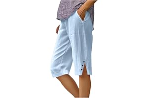 GENERIC Womens Cotton Linen Shorts UK Summer Knee Length Bermuda Pants with Pockets Wide Leg Lightweight Breathable Capri Pants Casual Comfy Holiday Beach Shorts, Size S-5XL