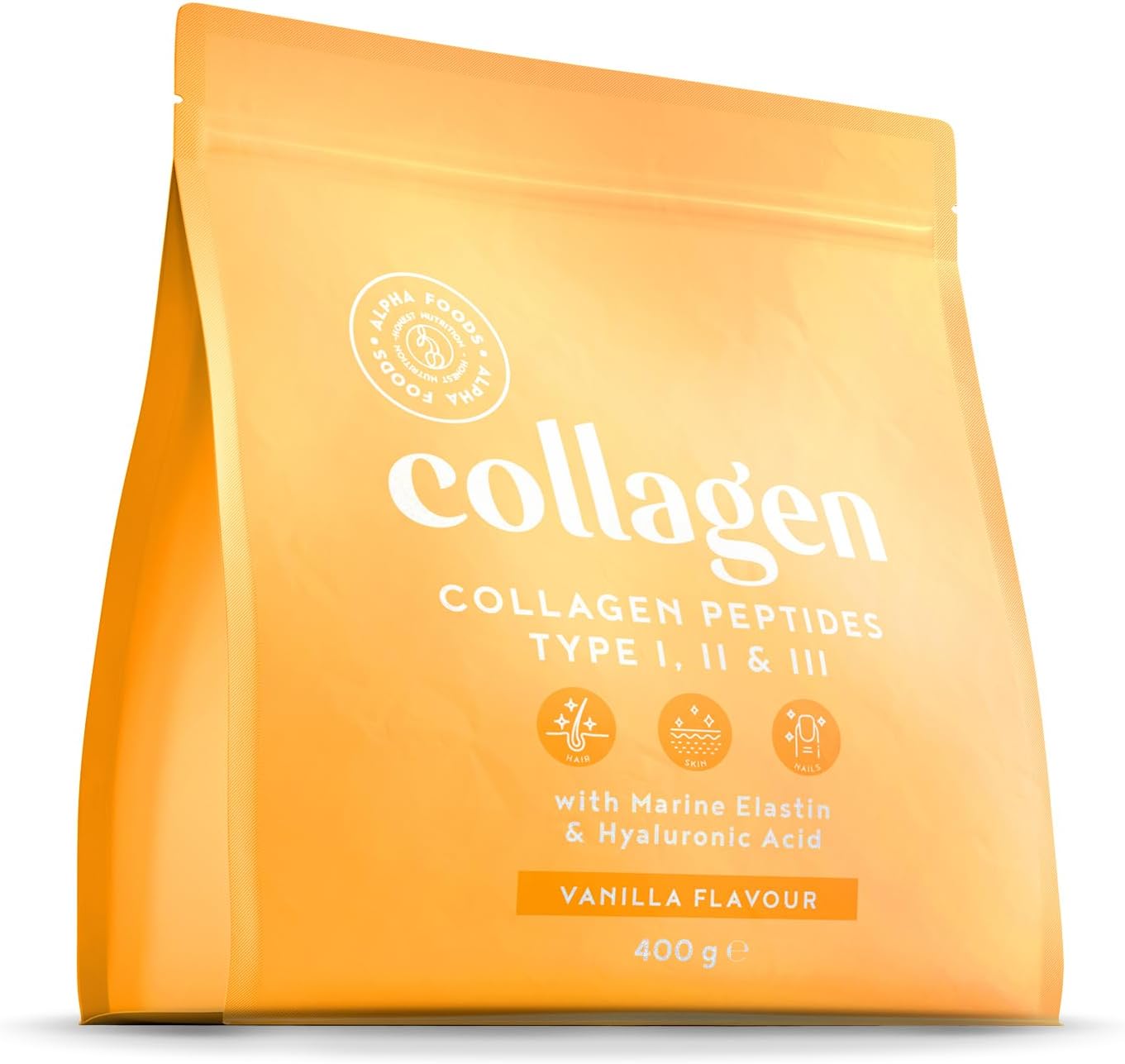 Colágeno en Polvo 400g | Péptidos de Colageno Hidrolizado con Acido Hialuronico y Elastina Marino | Collagen Peptides Tipos I, II, III | Sabor Vainilla | Alpha Foods