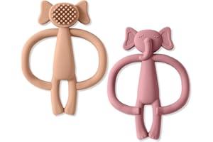 Vicloon Zabawka ząbkowana dla niemowląt, 2 szt. Słonia pomoc w ząbkowaniu, gryzak wykonany z silikonu bez BPA, do stymulacji i masażu obolałych dziąseł, od 3 miesięcy - ceglasty + różowy