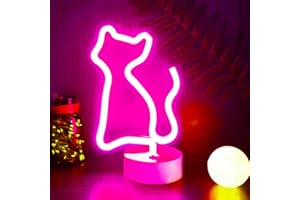 YIVIYAR LED Neon Sign Cat Light, Pink Cat Lights USB/Battery Powered Gift for Girls Bedroom Decor with Base