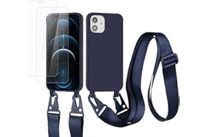 vrupin kompatibel mit iPhone 12 Mini Handykette Hülle,[2 Stück Schutzfolie 9H Härte Gehärtete Folie].Necklace Hülle Nylon Schultergurt Weich Flüssiges Silikon-Navy blau