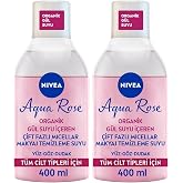NIVEA Aqua Rose Organik G&uuml;l Suyu İ&ccedil;eren &Ccedil;ift Fazlı Makyaj Temizleme Suyu, 400 ml, T&uuml;m Cilt Tipleri i&ccedil;in, Y&uuml;z, G&ouml;z ve Dudak Te