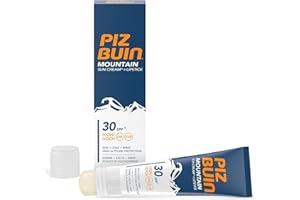 ‎PIZ BUIN PIZ BUIN Mountain 2-in-1 Sonnencreme LSF 30 20 ml und Lippenpflege LSF 30 2,3 ml, feuchtigkeitsspendender Sonnenschutz speziell fürs Skifahren und Wandern, schützt vor Wind und Kälte