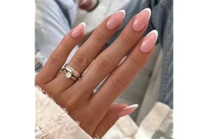 JUSTOTRY 24 Stück Mandel Nägel Zum Aufkleben Kurz,Weiß French Press on Nails,Pink Oval Kunstnägel Fake Nails mit Nagelkleber, Acryl Fingernägel Künstliche Nägel Mittel für Frauen