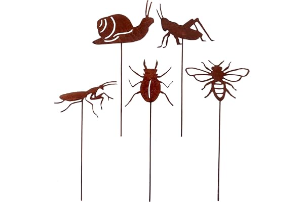 UNUS Lot de 5 piquets de Jardin Anti-Insectes pour décoration de Jardin, Aspect Rouille, piquets en métal rouillé, décoration pour Jardin, terrasse, Balcon, Pot de Fleurs