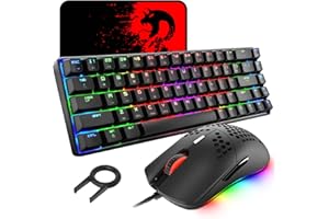 LEXONELEC 60% mechanische Gaming-Tastatur, blauer Schalter, Mini-68 Tasten, kabelgebunden, Typ C, 18 Hintergrundbeleuchtungseffekte + leichte optische RGB Maus mit 6400 dpi, Wabenmaus + großes Mauspad - Schwarz