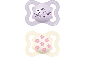 MAM Supreme - Ciuccio in set da 2 pezzi, per uno sviluppo sano dei denti e della mascella, previene le irritazioni della pelle, con scatola per ciuccio, 0-6 mesi, uccello/margherite