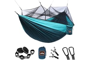 AnorTrek Camping Hammock with Mosquito Net, Double & Single Lightweight Portable Hammocks with Tree Straps, Parachute Hammock for Camping