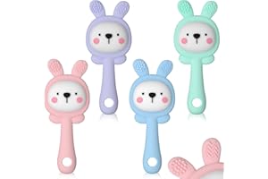 ABirdon Beißring Baby, 4 Stück Silikon Beißring mit Rassel, BPA-frei, Sensorisches Spielzeug für Babys 0-3 Jahre