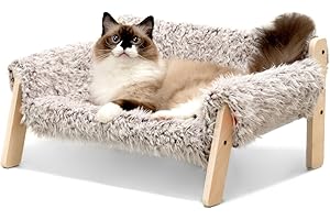 MEWOOFUN Large Cat Bed Sturdy Wooden Leg Raised Cat Sofa Bed Kitten Bed for Indoor Cats - Soft Cat Couch with Removable Cover Hold up 15kg, 56x45cm Brown-grey