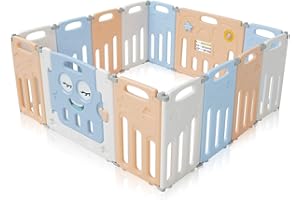 Baby Vivo Luna kojec dla dzieci, składana, kratka zabezpieczająca dla dzieci, z tworzywa sztucznego, z drzwiami i zabawką, 14 elementów w kolorze niebieskim i beżowym