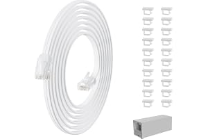 HiFind Telephone Extension Cord 30 Ft, Anti-UV Weatherproof Phone Cable Line Wire with Standard RJ11 Plug for Landline Modem Fax Machine Outdoor with 1 in-Line Coupler&Clip Holders -Flat-White