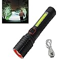 RENMAX Super Bright Hand Torch | Zoomable, 4-Light Modes with Emergency Light| 2000mAh Rechargeable Battery with C-Type Fast Charging | Rainproof Metal Body -1 Pc (14 Cm Black)