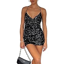 Qianderer Sprankelende mini-jurk met pailletten voor dames, glitter, glanzend, diepe V-hals, mouwloze jurk, strikloze A-lijn jurk, gelaagde partyjurk, rave, clubwear, Meerkleurig, S