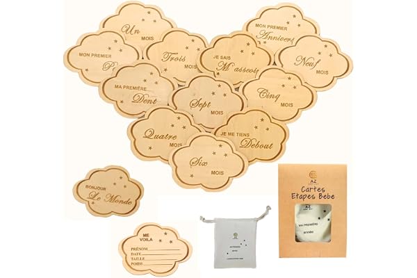 Cartes étapes bébé en bois Français - 32 Moments de la Naissance à 1 an sur 16 disques en forme de Nuage gravés Recto Verso - Cadeau Future Parents - Future Maman - Baby Shower