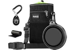 Pethee Dog Treat Pouch Bag - Waterproof Walking Bag with Poop Bag and Built-in Dispenser, Collapsible Bowl, Clicker, Water Resistant Easy-to-Clean Liner Design, 3 Ways to Wear (Green)