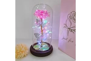 HFHungkeong for Her,Galaxy Forever Rose Gifts for Mom,Eternal Gold Foil Rose and 2 Butterflies in Glass Dome, Artificial Preserved Rose Birthday Gift for Mother(Colorful Gold Rose Red)
