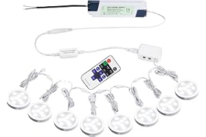 AIBOO Linkable Under Cabinet LED Lighting 12V Slim Aluminum Dimmable Puck Lights Direct Wired with RF Remote Control for Kitchen Lighting(8pack Daylight White)