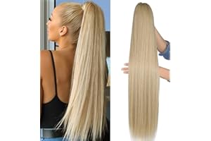JUZIVIEE Ponytail Extensions Clip in Haarteil Pferdeschwanz Extension Blond Lang Glatt Haarverlängerunge Verlängerung Kunsthaar Natürliches Zopf Magic Paste Wrap Around Ponytail Hairpiece 24/613 071K