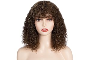 ‎FASHION IDOL FASHION IDOL Bob Curly Echthaar-Perücken mit Pony Jerry Curl Bob Perücken Echthaar brasilianische Virgin Echthaar keine Lace Front Perücken für Frauen (30CM, P4/30/27)