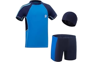 KAKU NANU UV Badebekleidung Junge 3-Teilig Kinder Badeanzug Schwimmanzug Badehose Bademütze Rashguard 104-158/3-11 Jahre Urlaub Must Haves
