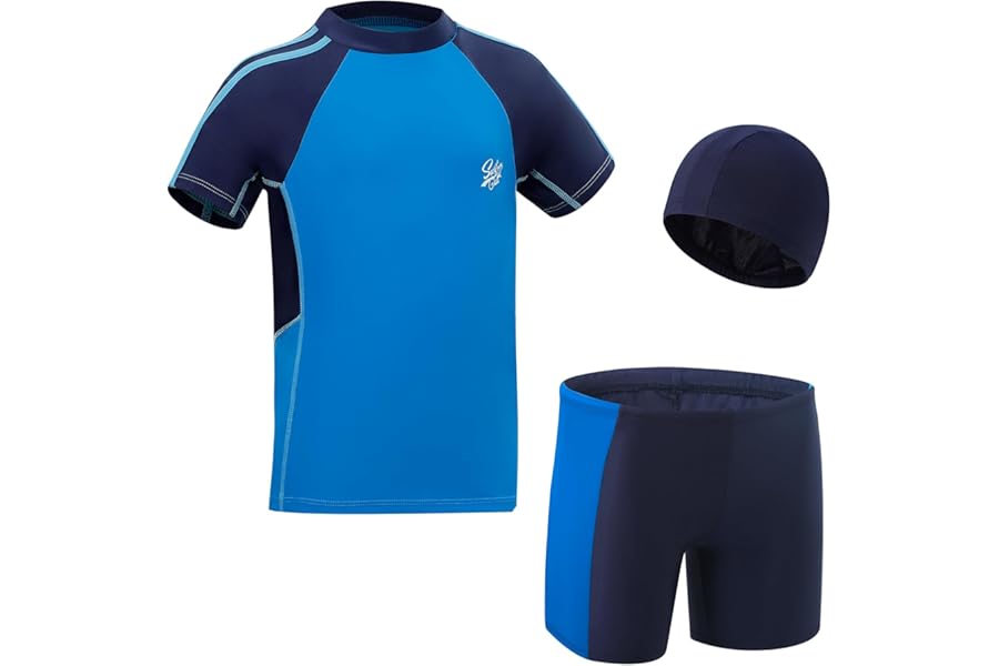 KAKU NANU 3 Pcs Boys Swimming Costume Swim Shorts Top Hat 5-14 Years Toddler Swimsuit Short Sleeve Rash Guard Tshirt