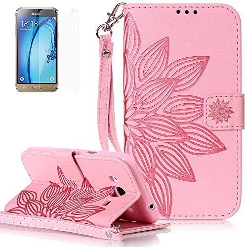 Preisvergleich Produktbild Samsung Galaxy J3(2016) / J320F / J3 (2016) Duos New Design Hülle mit Panzerglas,ISENPENK Original Flip Bookstyle Cover Wasserdicht Shockproof Anti Slip Protection Stoßfest Leather Case mit Standfunktion,3D Blume Muster Pattern Wallet Case mit Intern Karte Schlitz,Anti-Sturz Stoßdämpfend Magnetic Closure Handygürtel Wallet Tasche Schutzhülle Leathertasche für Samsung Galaxy J3(2016) / J320F / J3 (2016) Duos 5.0Zoll-[Blume pattern,rosa]+Panzerglas / Schutzfoile / Displayschutzfolie