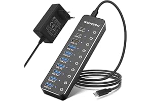 Hub USB Alimentación, RSHTECH Hub USB 3.2/USB C 10 Puertos con Puertos Datos USB-A 3.2 y 2X USB-C 3.2 10Gbps, 7 Puertos USB-A 3.0 y Alimentación 12V/5A, Interruptores Individuales USB HUB, RSH-ST10C
