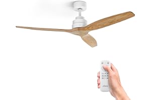 Ufesa Deckenventilator, 40W, 6 Geschwindigkeiten, Ultra Silent, 3 Naturholzflügel 132cm, Sommer - Winter Funktion, 8h Timer, Fernbedienung, Weiß - Helles Holz