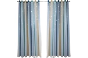 Nyescasa Doppelschicht Sterne Vorhänge Für Kinder Mädchen Schlafzimmer Bunte Kinderzimmer Verdunkelungs Vorhäng Doppelter Hohler Sterne Vorhänge 1 Panel (Blau 53" B x 106" H)