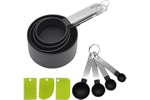 UptVin 8-częściowy zestaw łyżek pomiarowych, kubków z podziałką i plastikowymi łyżkami wielokrotnego użytku z uchwytem ze stali nierdzewnej do pomiaru racji skał i płynów