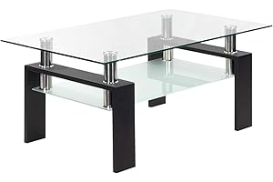 MOG CASA Mesa de Centro Porter Moderna con Tapa de Cristal Transparente y Base de Metal Negro (100x60 cm)