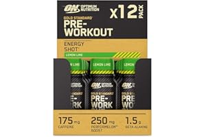 Optimum Nutrition Gold Standard Przedtreningowy shot energetyczny, gotowy suplement diety z beta-alaniną, kofeiną, kompleksem PerforMelon Boost i wit. B6 i B12, smak Lemon Lime, 12 szt., 12 x 60 ml