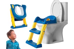 Edibaby, Adaptador wc niños con escalera, Reductor de Aprendizaje para Baño Inodoro, Portátil y Plegable, Ajustable, Total Compatibilidad, Cojín Acolchado, de 1 a 7 años (Azul y Amarillo)